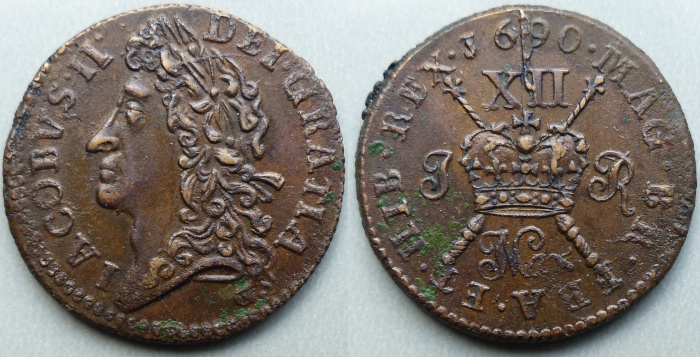 James II, gunmoney shilling March 1690